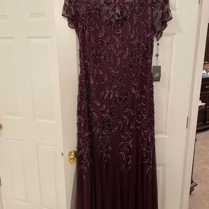 Adrianna Papell floral beaded godet gown in night plum, nwt, size 14W.